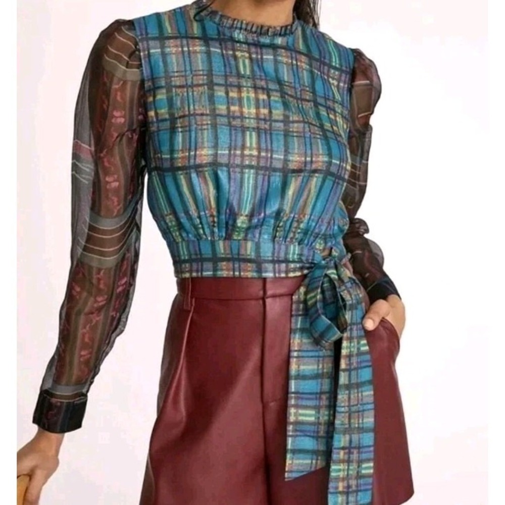 NWT Roopa Pemmaraju Anthopologie Puff Organza Cotton Silk Plaid Top XS MSRP $170